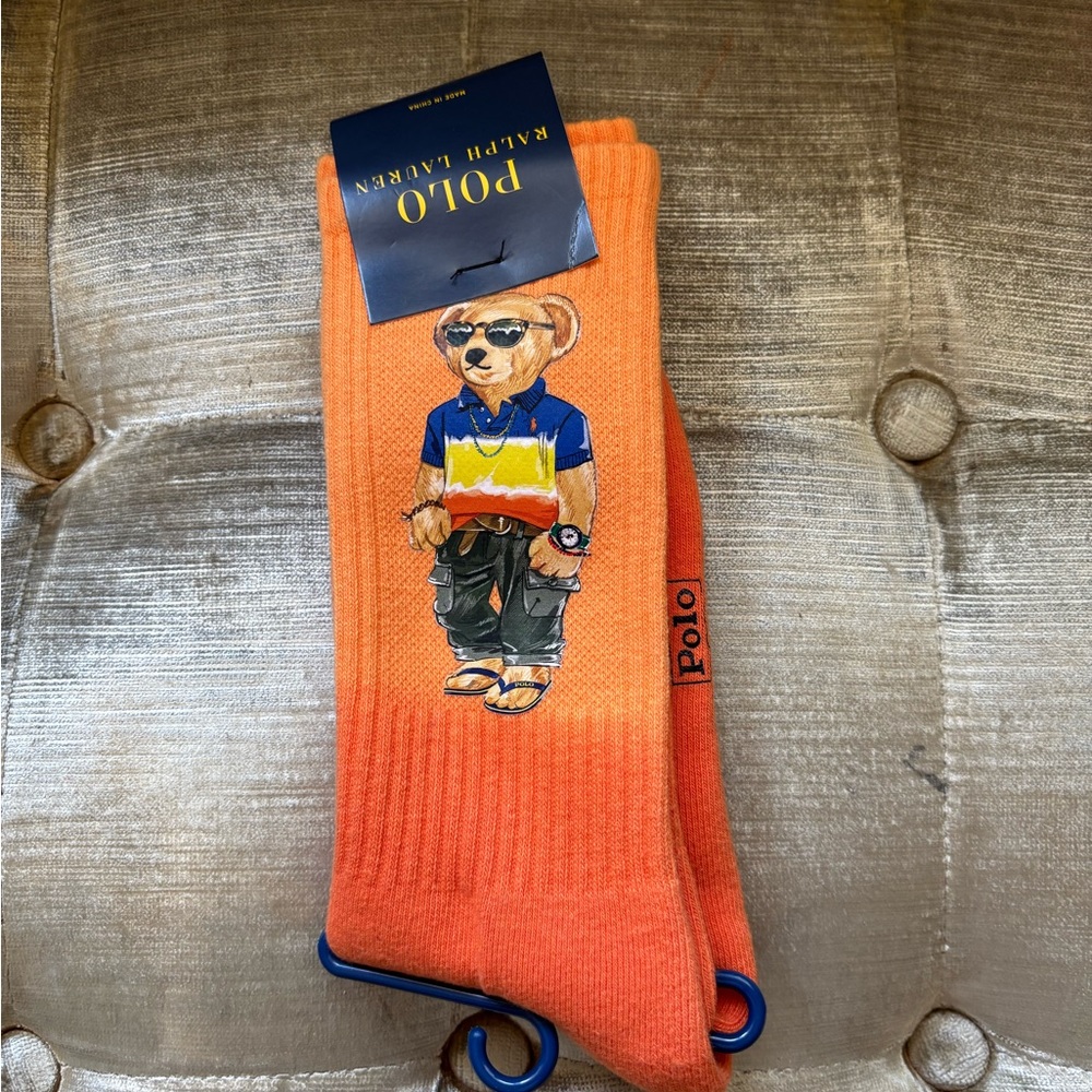 Polo Ralph Lauren Men's Surf Club Bear Dip-Dye Crew Socks NWT Sz 10-13 Orange